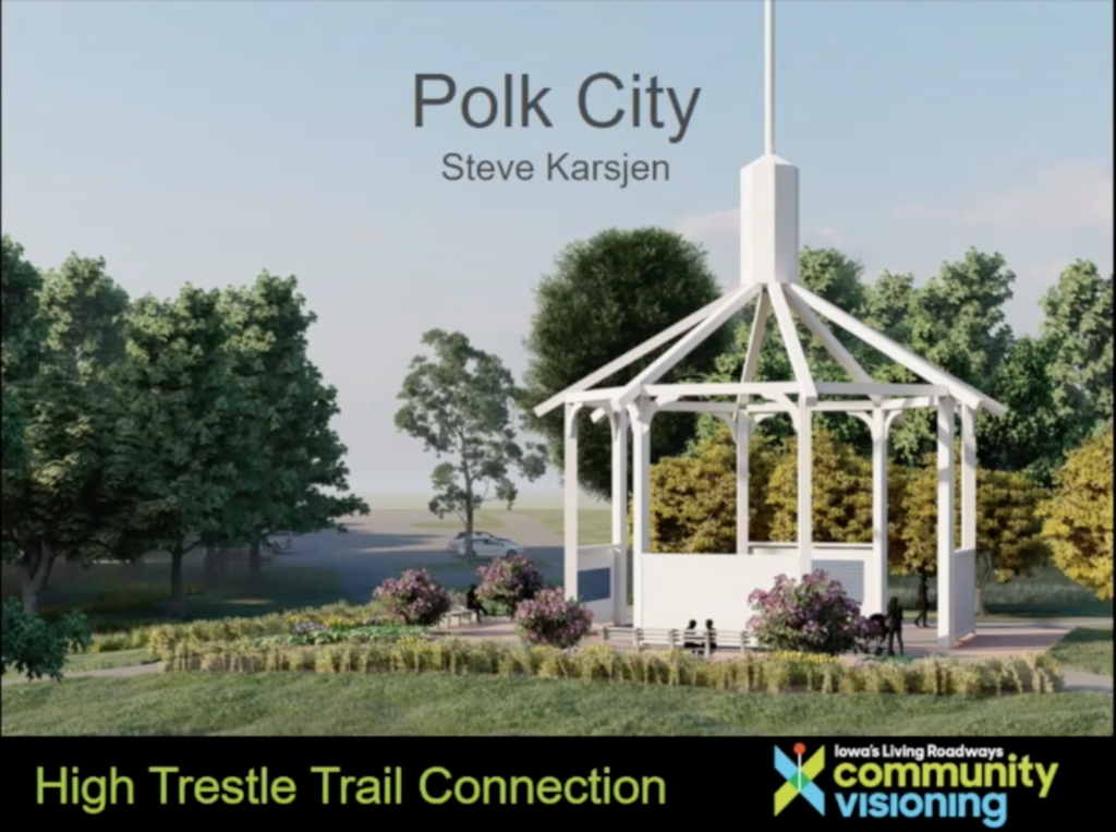 Slide titled "Polk City, Steve Karsjen, High Trestle Trail Connection," with a photo of the Polk City gazebo, and the Community Visioning Program logo in the lower righthand corner.